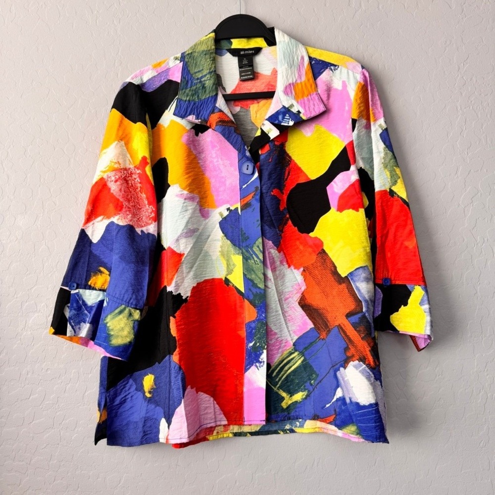 Ali Miles PL Petite Large Blouse Multicolor 3/4 Sleeve Abstract Button Up Top